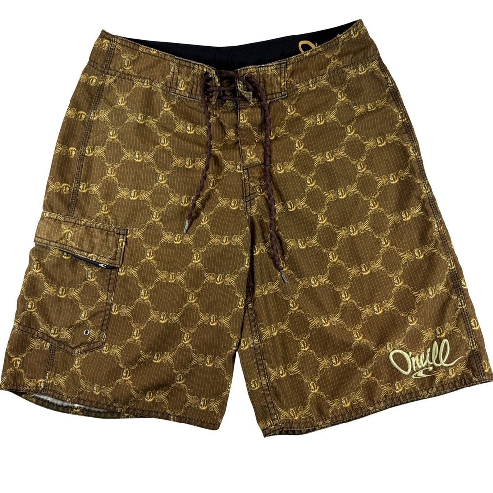 ONeill Mens Board Shorts Brown Gold Monogram Logo Swim Trunks Size 29 Pinstripe